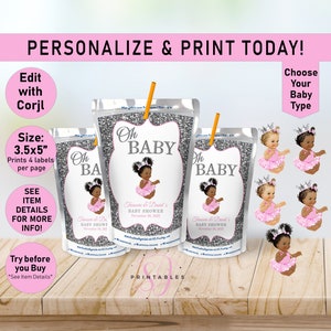 Oh Baby Princess Pink and Silver Juice Pouch Label, Juice Pouch Wrapper, Juice Labels, Baby Shower, Juice Favor, Princess, Girl, A03
