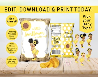 Printable Chip Bags, Sunflower EDITABLE Chip Bag, Baby Shower, Chip bag template, Wrapper, Sunflower Baby, Afro Puffs, African American E01