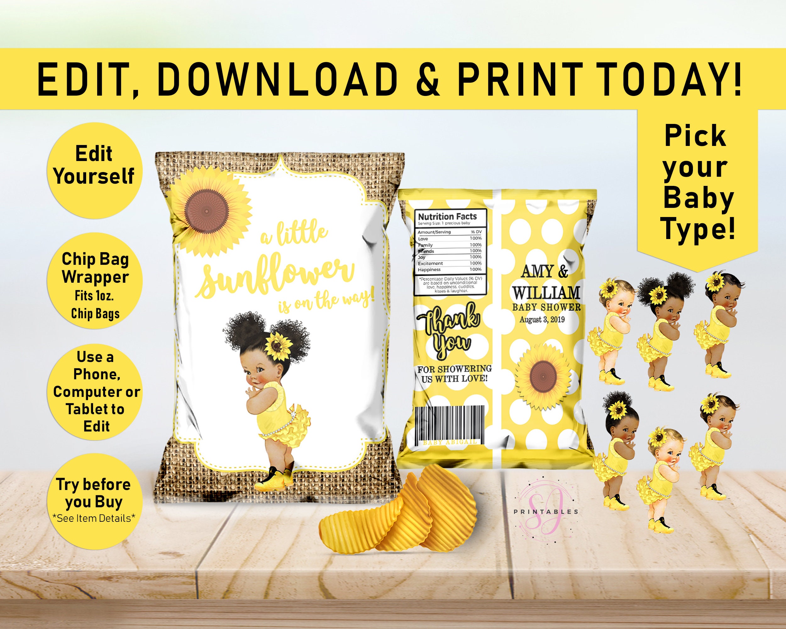 Printable Chip Bags Sunflower EDITABLE Chip Bag Baby Shower - Etsy India