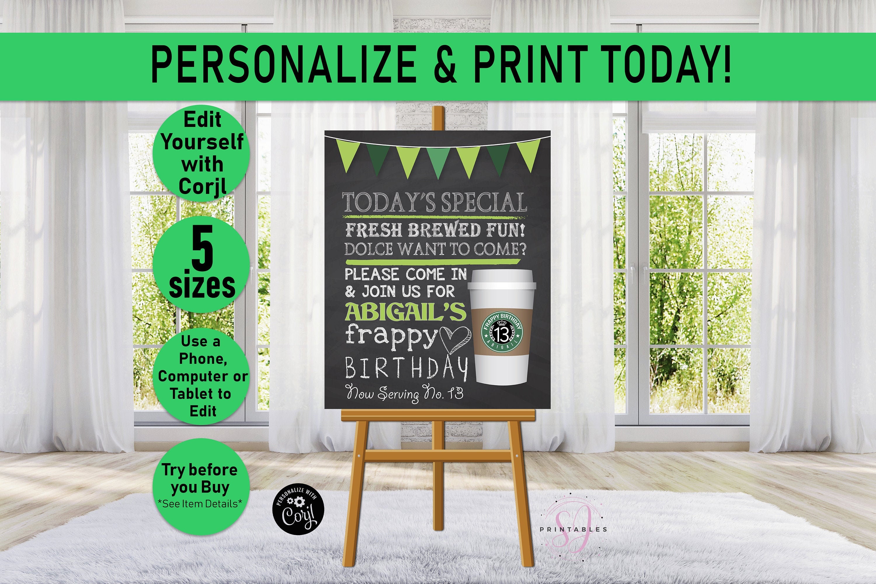 Coffee Shop Birthday Welcome Sign Printable, Frappy Birthday Coffee Party Decor, Coffee Party Printable Sign, Instant Download Editable, Q01