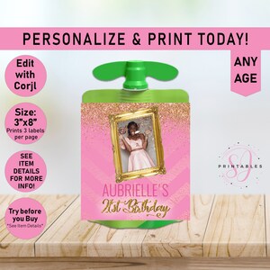 Shimmery Gold Glitter and Pink applesauce pouch label, ANY AGE, kid infant food bags wrapper, squeeze, Squeez, Birthday, Tween, Teen, Y20