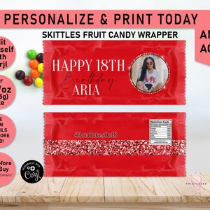 Red on Red Glitter Skittles Wrapper, Red Skittles Birthday Candy wrapper, Fruit Candy wrapper, Birthday Party Favors, Printable, B33