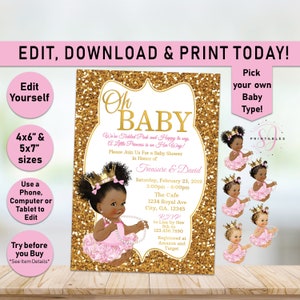 Oh Baby Invite Pink Princess Baby Shower Invitation, Little Princess Invitation, Little Queen Invite, Gold Pink, Afro, Girl Printable A01