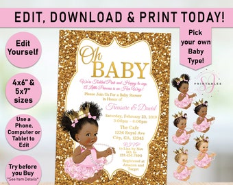 Oh Baby Invite Pink Princess Baby Shower Invitation, Little Princess Invitation, Little Queen Invite, Gold Pink, Afro, Girl Printable A01