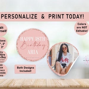 Printable Stickers, Rose Gold on Rose Gold Glitter Birthday Favor Stickers, ANY AGE, Editable Stickers, Birthday Tags, Thank You, Woman, B35
