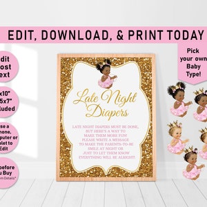 Late Night Diapers Sign, Baby Shower Diapers Thoughts Game, Printable Diaper Game, Princess baby shower games, Pink, Gold, Girl, Puffs, A01