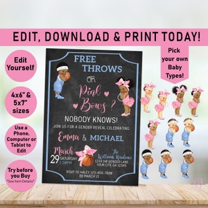 Basketball Gender Reveal invitation, Free Throws or Pink bows gender reveal party, he or she, Girl, Boy, Pink or Blue, Baby, Afro Puffs, R05