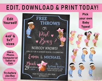 Basketball Gender Reveal invitation, Free Throws or Pink bows gender reveal party, he or she, Girl, Boy, Pink or Blue, Baby, Afro Puffs, R05