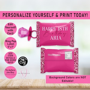 Pink RING POP wrapper label, Pink on Pink Glitter ANY Age Birthday ringpop, editable Ring Pop template, Treat Favor, Glam, Teen, B30