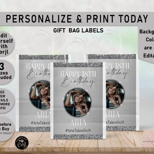 Silver on Silver Glitter ANY AGE Birthday Gift Bag Label, Gift Bag Labels, Favor Bag label, Goodie bags, Glam, Birthday, Teen, Tween, B36