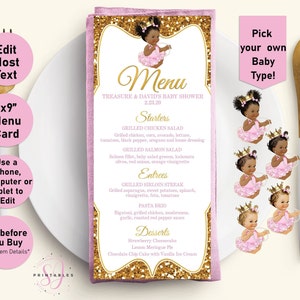 Baby shower menu, Princess Baby Shower Menu, Gold Glitter Menu, Printable Menu template, baby shower menu cards, Pink, Girl, Puffs, A01