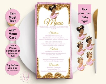 Baby shower menu, Princess Baby Shower Menu, Gold Glitter Menu, Printable Menu template, baby shower menu cards, Pink, Girl, Puffs, A01
