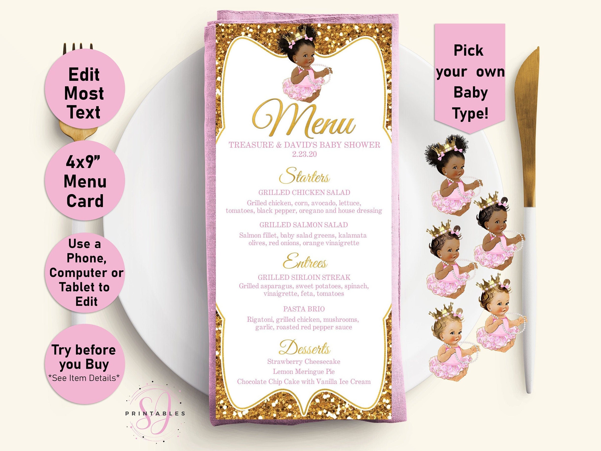 Baby shower menu, Princess Baby Shower Menu, Gold Glitter Menu, Printable  Menu template, baby shower menu cards, Pink, Girl, Puffs, A20 Within Baby Shower Menu Template