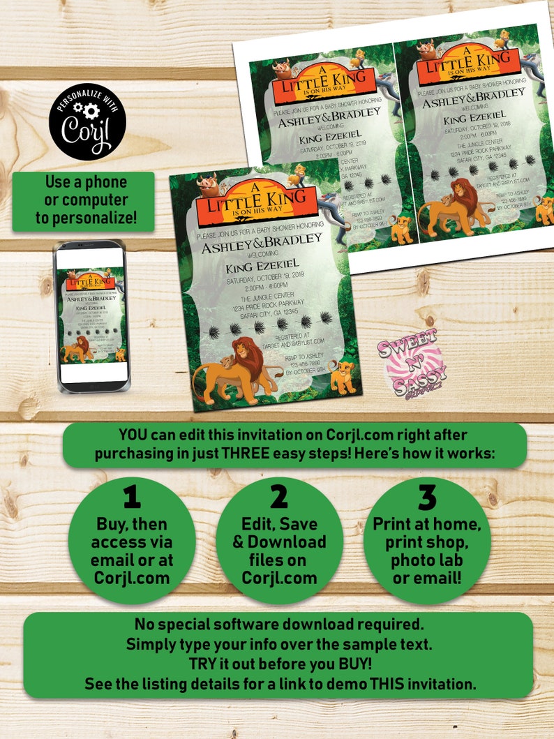 May include: A green and brown invitation for a baby shower with a lion king theme. The invitation says "A Little King is on his way" and includes the names Ashley & Bradley welcoming King Ezekiel. The invitation includes the date, time, and location of the event. The invitation also includes a website address for registering gifts. The invitation is editable and can be printed at home or at a print shop.
