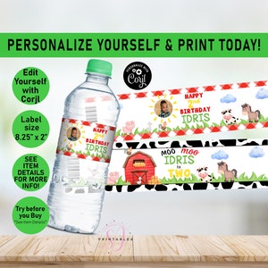 Barnyard Bash Birthday water bottle labels, Farm Water Wrapper, Farm Animals, oink cluck baa moo, Boy, Girl, Editable, Label, Printable, F10
