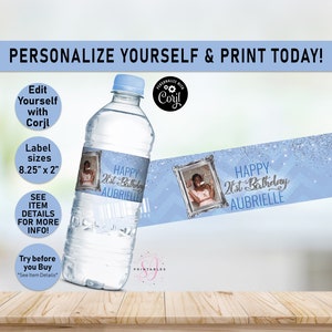 Shimmery Silver Glitter and Light Blue Birthday water bottle labels, ANY AGE, Water Wrapper, Adult, Teen, Chevron, Editable, Printable, Y23