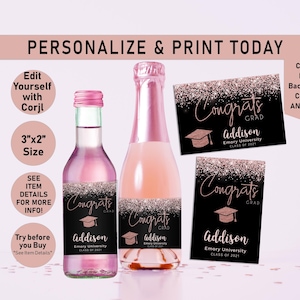 Rose Gold Graduation Mini Wine Bottle Labels, Apple cider labels, Grad, Grad party, Graduation favors, Wine Labels, Champagne, Moscato, G65