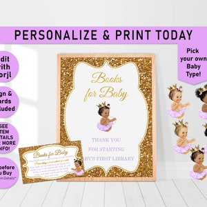 Oh Baby Princess Books for baby, books request, Books for baby card, Purple, Gold, African American Baby, Insert Card, Printable, Puffs, A02