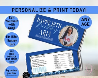 Royal Blue Birthday Hershey Candy Bar Wrappers, Blue on Blue Glitter ANY AGE Candy Bar label, Party Favor, any age, teen party, Glam, B34