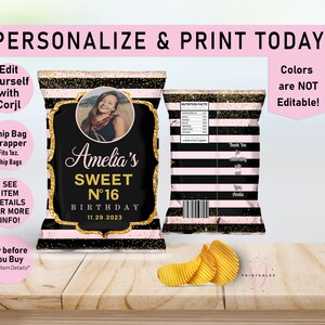 ANY AGE Designer Birthday EDITABLE Chip Bag, Pink black Gold, Glam, Chip bag Wrapper, Birthday Favor Chip Bag, Silver Glitter, teen, C21
