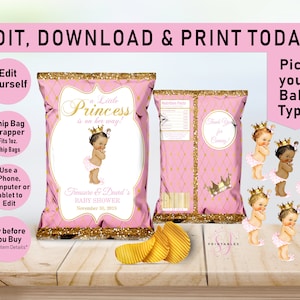 Printable Chip Bags, Little Princess on the way EDITABLE Chip Bag, Baby Shower, Chip bag Wrapper, Pink, Gold, Girl, African American B01