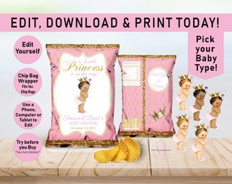 Printable Chip Bags, Little Princess on the way EDITABLE Chip Bag, Baby Shower, Chip bag Wrapper, Pink, Gold, Girl, African American B01