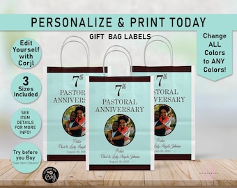 Pastoral Anniversary ANY COLOR EDITABLE Gift Bag Label, Pastor anniversary ideas, pastor appreciation, Gift Bag Labels, Favor Bag, CC4