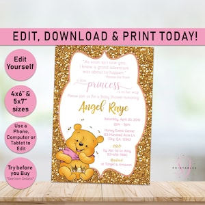 Pink Winnie the Pooh Invitation, Classic Pooh Invitation, Baby Shower Invitation, Pooh, Girl Pooh Bear, Pooh Invitation, Gold, Printable W02