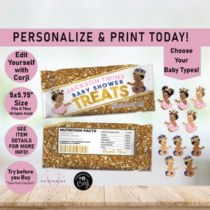 TWIN Prince and Princess Baby Shower Rice Krispie Treat Wrapper, Rice Krispies, Rice Krispy, Party Favors, Boy, Girl, Pink Blue, Twins, A40