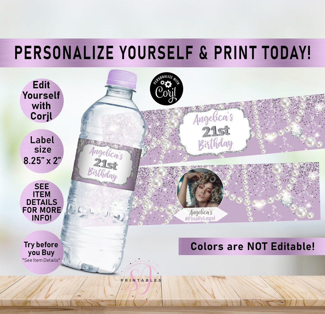 Glitter & Pearls Lavender BIRTHDAY Water Labels, Girl Water Bottle