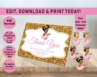 Pink & Gold Princess THANK YOU Card, Princess Card, Baby Girl Princess, Thank You, Tiara, Baby Shower, Gold Glitter, Thank You Card, A01