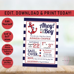 Nautical Baby Shower Invitation, Ahoy It&#39;s a Boy Invitation, Anchor Baby Shower Printable Invite, Nautical Shower Invitation, Red, Navy N03