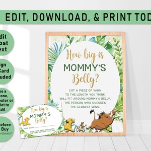Lion King How big is mommy's belly baby shower game,editable rustic how big is mom's belly game, printable baby shower game, Baby Simba, L01