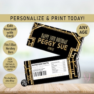 Puede incluir: Envoltorio de barra de chocolate imprimible en negro y dorado con un diseño Art Deco dorado. El envoltorio dice "Feliz cumpleaños número 30 Peggy Sue 1/30/22".