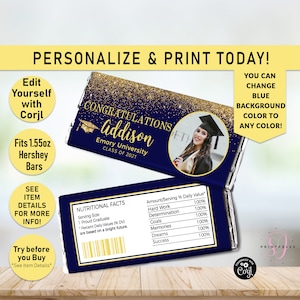 May include: A blue and gold graduation chocolate bar wrapper with a gold glitter background. The wrapper features a photo of a graduate wearing a cap and gown, the text "Congratulations Addison", and the text "Emory University Class of 2021".