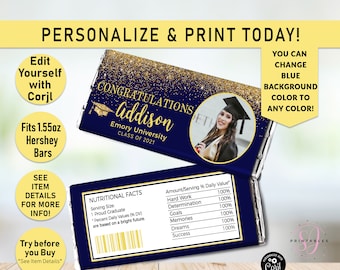 GOLD Sparkle Glitter and ANY Color Graduation Candy Bar Wrapper, Chocolate label, Class of, 2025, Favors, Grad, high school, college, G66