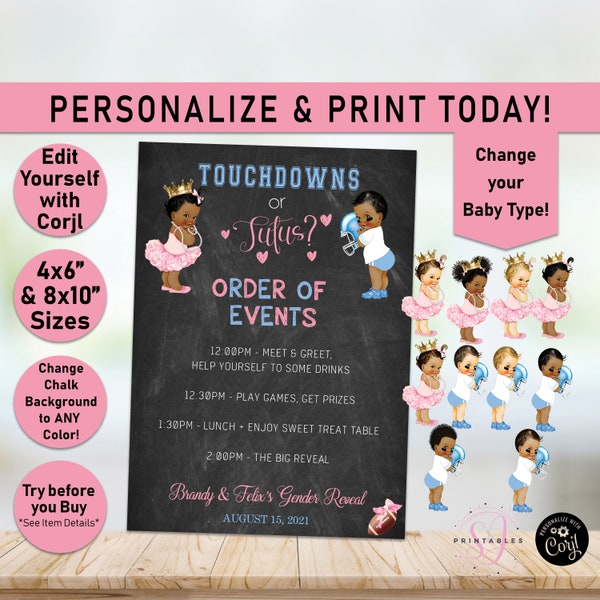 Order of Events Touchdowns or Tutus Gender Reveal, Football Gender Reveal Itinerary, Timeline, Order of Service,he or she, Pink or Blue, R20