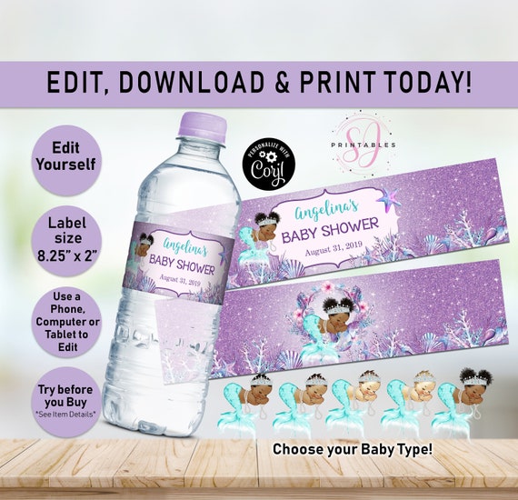 Mermaid Water bottle label, Mermaid Baby shower, Baby shower water label, Mermaid Decor, Printable, water label, Little Mermaid, Girl, M01