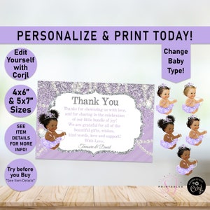 May include: Purple and silver glitter thank you card with a black baby girl wearing a purple tutu and a crown. The card says "Thank You" and "Thanks for showering us with love, and for sharing in the celebration of our little bundle of joy!"  The card also says "With Love, Treasure & David".