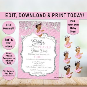 Pink Glitter and Pearls Baby Shower Invitation, Glitter, Pearls, Princess Baby Shower, Printable, Girl, Silver, afro puffs, vintage, A11