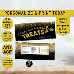 Gold Glitter and ANY COLOR Birthday Rice Krispie Treats, Rice Krispies, Birthday treat wrappers, Stepping into, Any age, Party Favors, Y02