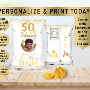 ANY AGE and Fabulous Gold Glitter Birthday Chip Bag Wrapper, Favor Bags, Adult, Birthday, Chip label, Photo Chip Bag, Printable, Gold, Y31
