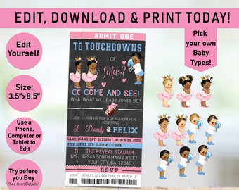 Touchdowns or Tutus Gender Reveal Invitation, Football Reveal, Chalkboard party ticket, he or she, Pink or Blue, Afro Puffs, Ticket, R20