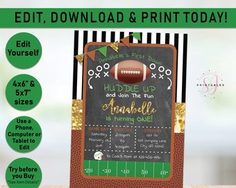 Gold FOOTBALL PRINTABLE Birthday Invite, Football, Boy, Girl, football party, american football, chalkboard, 1st, any age, brown, green F06