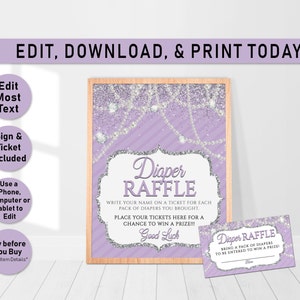 Glitter & Pearls Lavender Diaper Raffle Sign, Diaper Raffle Game, Baby Shower Game, Purple Silver, Glitz, Glam, Insert Card, Ticket A08, A09
