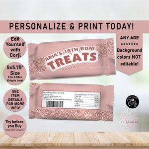 Rice Krispies TREAT labels, Rose Gold on Rose Gold Glitter ANY AGE Birthday Rice Krispie Treats wrapper, Sparkle, Glam, Teen, Tween, B35