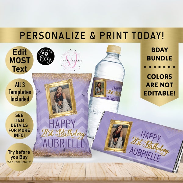 Shimmery Gold and Purple Chevron BIRTHDAY BUNDLE, Hershey Candy Wrapper, Chip Bag Wrapper, Water Bottle Label, favors, woman, Any Age, Y26