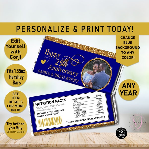 Gold and ANY COLOR Wedding Anniversary EDITABLE Hershey Candy Bar Wrappers, Chocolate Candy label, Anniversary Favor, Candy wrapper, WW2