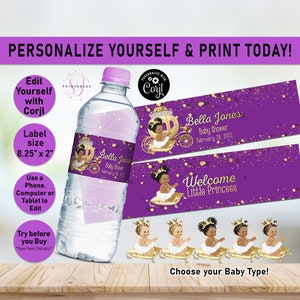 Royal Little Princess Baby Shower Water bottle labels, Princess water wrappers, carriage, magical,Purple Gold Carriage,Printable labels, C05
