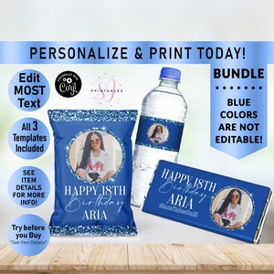 Royal Blue on Blue Glitter BIRTHDAY BUNDLE, Hershey Candy Wrapper, Chip Bag Wrapper, Water Bottle Label, Birthday favor, woman, Any Age, B34